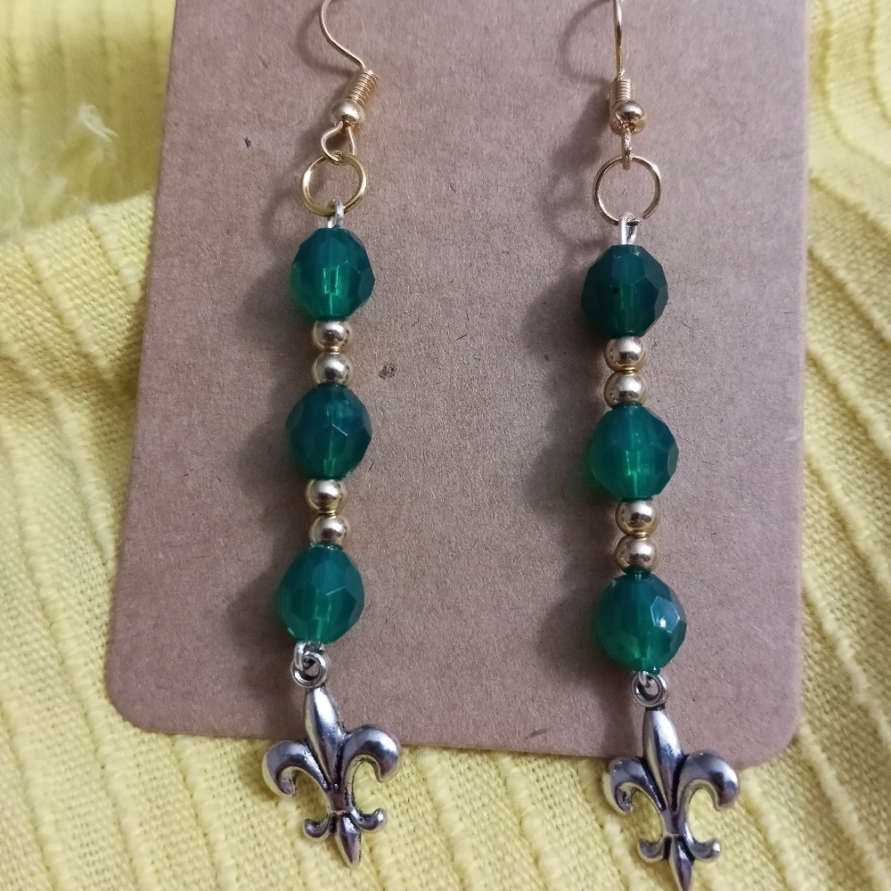 Hand Crafted French Essential Gold Fleur-de-lis crystal earrings green and gold
